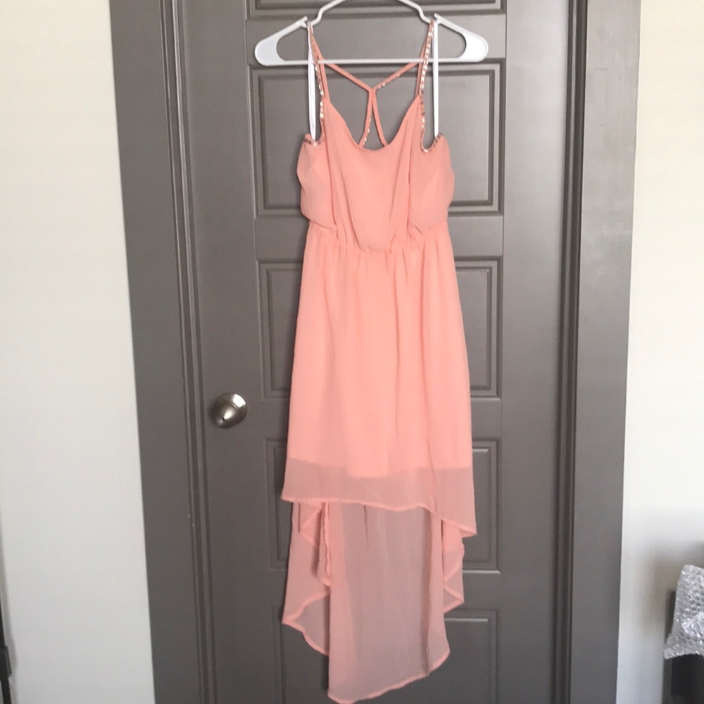 Pink high to low dress with gold beading
